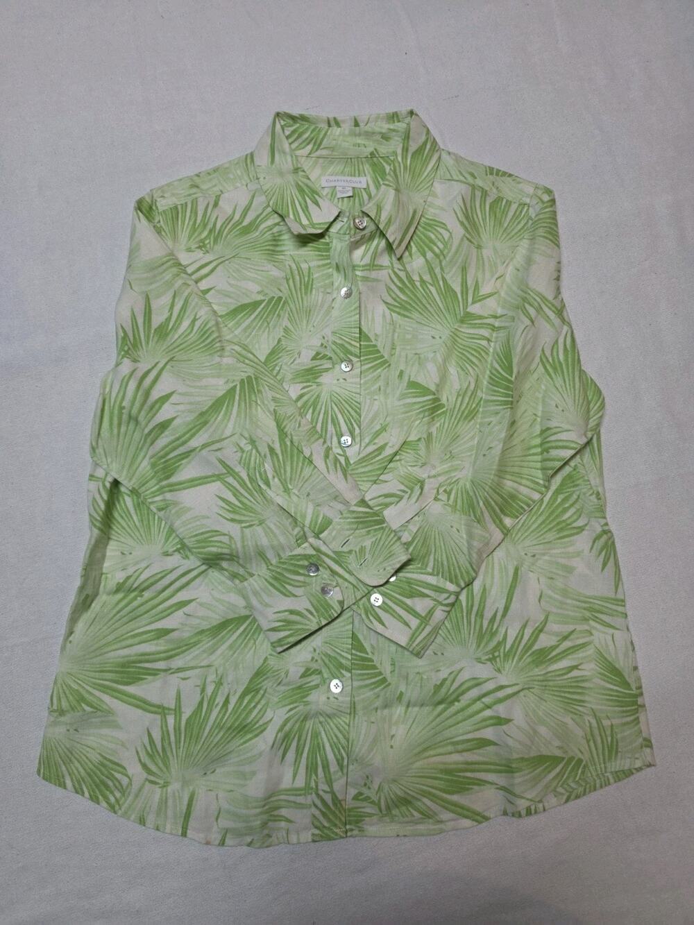 Charter Club Women’s Size 10 Green Palm Leaf Tropical Linen Button Front Shirt
